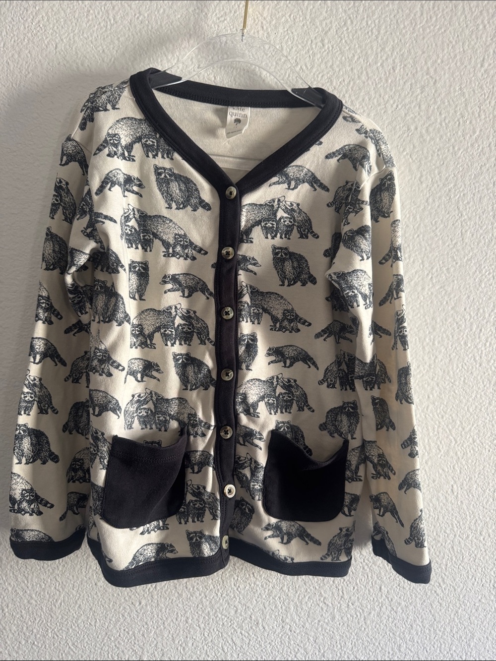 kate quinn Cream Cardigan with Black raccoon Print